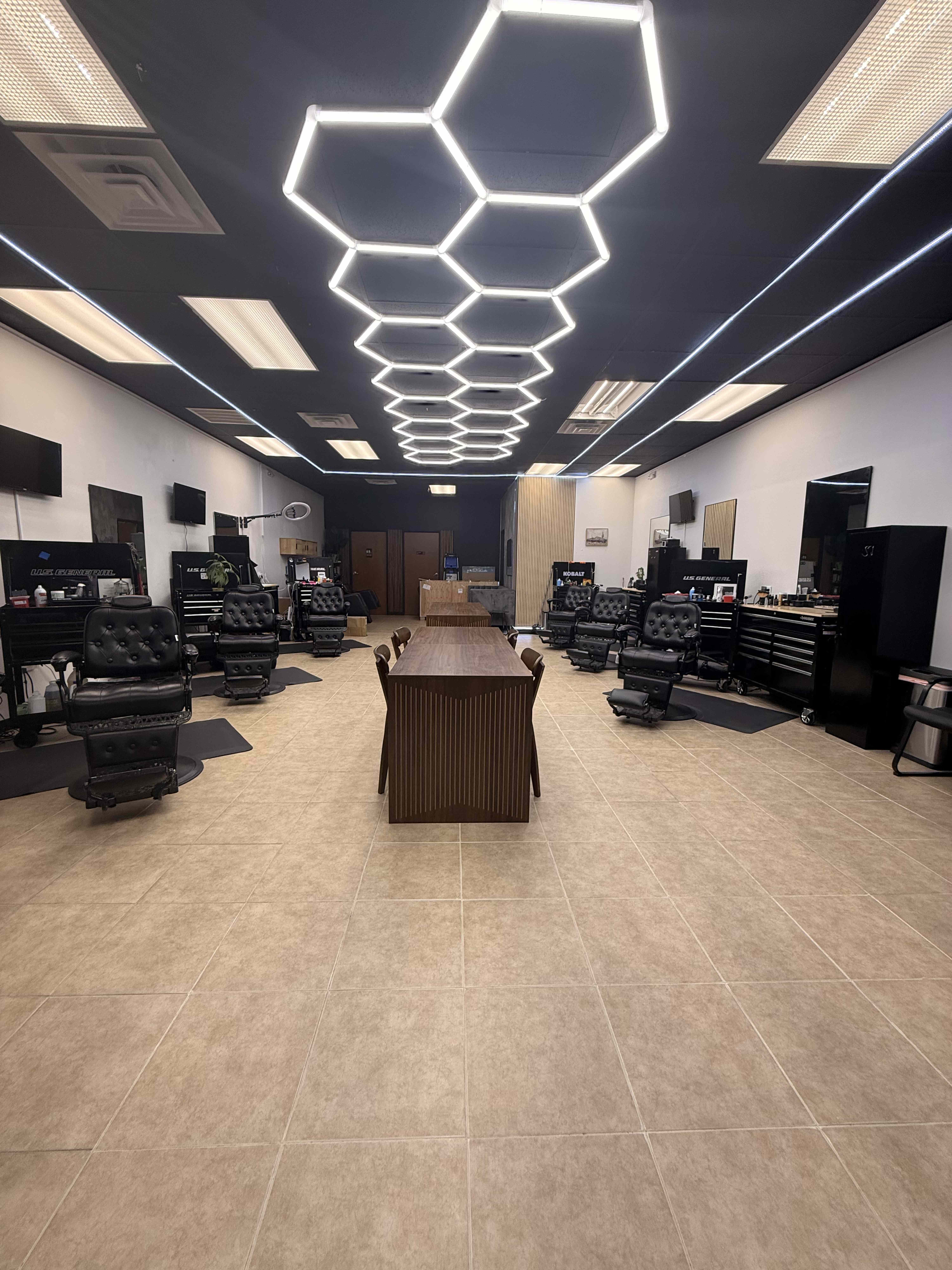 Inside Oak & Steel Barbershop in Leander, TX